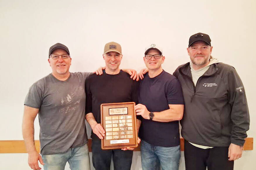 Team Teasdale beat Team Devine in the final of the Beaver Valley Men&rsquo;s Bonspiel on Sunday, Feb. 22. From left: Skip Jason Startup, third Nick Girardo, second Dan Tichaeur and lead Bryan Teasdale.(Submitted)