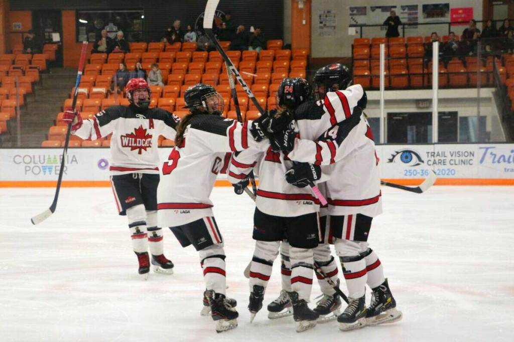 The West Kootenay Wildcats celebrate an early goal in their Game 1 victory over Nanaimo in the BC Hockey U18 championship on Thursday night. (Jim Bailey/Trail Times)